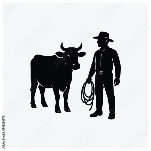 Silhouette of a cowboy with lariat ropes and a bull or cow.