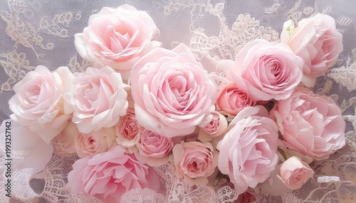 Elegant arrangement of pink roses on a delicate lace background.