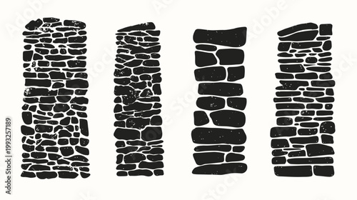 Four black and white illustrations showing different styles of stone walls with a textured appearance
