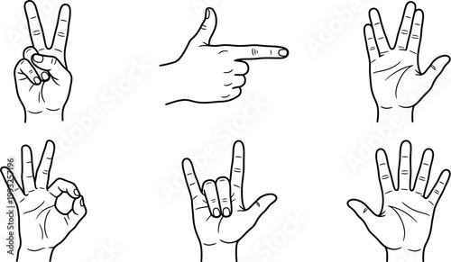Six hand gestures depicted in a black and white sketch style