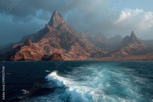 Dramatic rocky peaks by turquoise ocean with waves