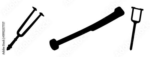 Black silhouette, white background: tuning fork set with simple line art design featuring outline, illustration, graphic elements with clean design and vector art