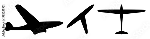 Black silhouette, white background: glider set with simple line art design featuring sketches, drawings, vector graphics with minimalist and simple illustrations