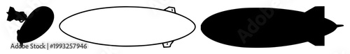 Blimp set with black silhouette on white background featuring airship, aerostat, blimp with aviation and advertising