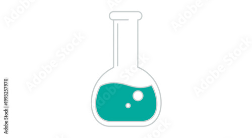 Minimalist representation of a laboratory flask with a vivid turquoise liquid substance