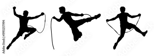 Jump rope set with black silhouette against white background featuring exercise, fitness, sport with equipment and training
