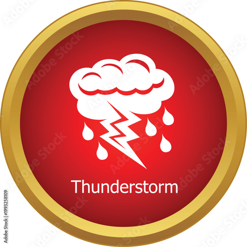 Thunderstorm weather icon showing cloud, lightning, and raindrops in a red circle
