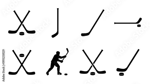 Photography Ice Hockey Stick and Puck Icon Set, Sports Equipment Vector Graphics, Winter Gam