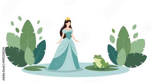 Princess in a flowing blue gown standing near a frog on a lily pad in a lush tropical garden environment.