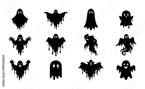 Photos Spooky Halloween Ghost Icons Set, Black Silhouette Vector Graphics for Holiday D