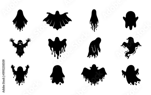 Fotografi Spooky Halloween Ghost Silhouettes Vector Set, Dripping and Flying Ethereal Spir