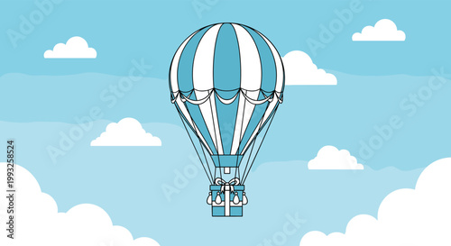 Blue and white hot air balloon carrying a gift box floating in a peaceful sky filled with soft white clouds.