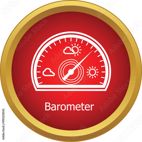Barometer predicting weather with cloud and sun symbols inside red circular gauge