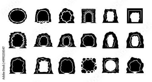 Foto Cave Entrance Icons Set, Natural Rock Archways Collection, Organic Tunnel Silhou