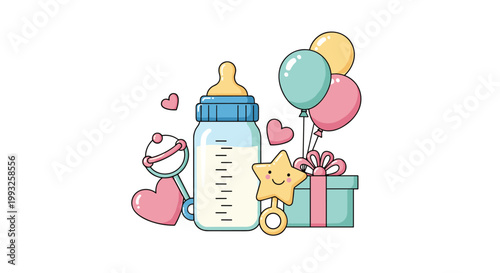 Cute baby celebration illustration with a milk bottle a gift box a rattle balloons and little pink hearts.