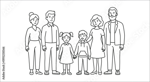 A family of six stands together in a simple black and white illustration
