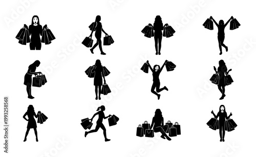 Tableau sur toile Shopping Silhouettes Collection: Diverse Female Figures with Shopping Bags, Vect