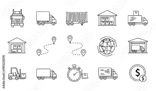 Logistics and transportation icons set a comprehensive collection for supply chain delivery and global trade representation