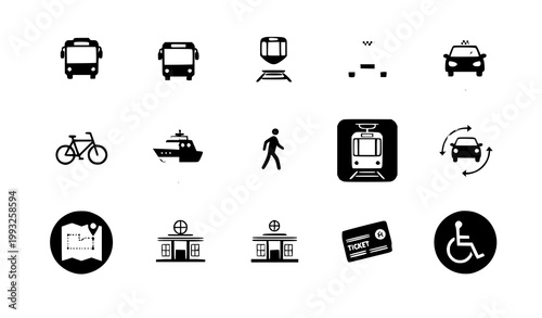 Collection of black and white transportation and public service icons on a white background