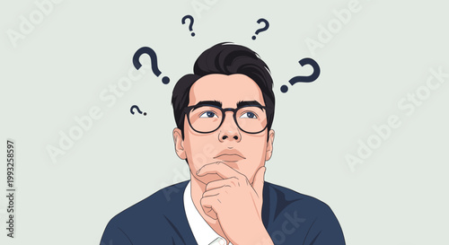 Young man with glasses looks up thoughtfully while several question marks float around his head in this creative illustration.
