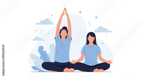 Two young women practice yoga and meditation in a peaceful setting with soft blue clouds and abstract leafy shapes in the background.