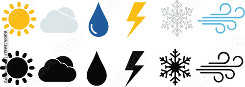Weather Forecast Icon Set with Color and Black Silhouette Symbols Including Sun, Rain, and Snow