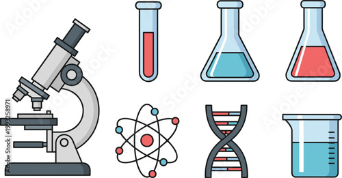 Science Laboratory Equipment Vector Set with Microscope, DNA Helix, and Chemistry Glassware