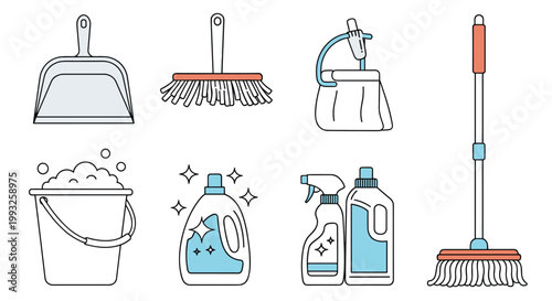 Set of various household cleaning tools and supplies such as a broom, dustpan, bucket with suds, mop, and bottles of detergent.