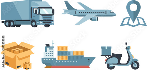 Logistics and Global Delivery Vector Set with Cargo Truck, Airplane, Ship, and Scooter
