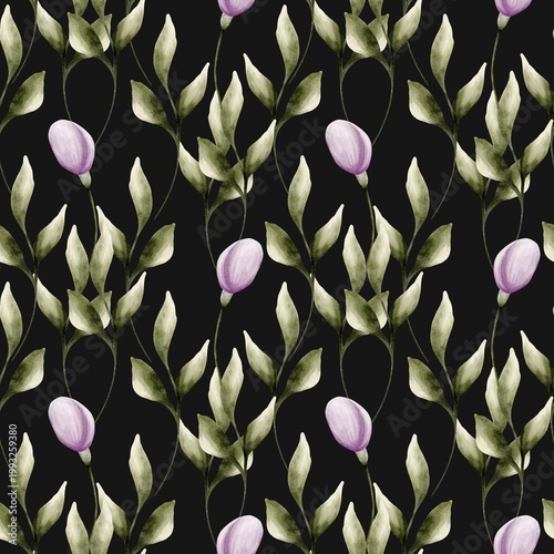 Watercolor floral pattern with purple flowers and green leaves on a dark background