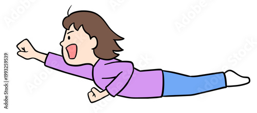 片手を前に突き出して空を颯爽と飛ぶコミカルな女性