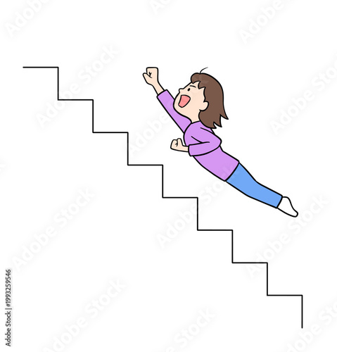 階段をヒーローのように空を飛んで駆け上がる成功と飛躍の象徴の女性イラスト