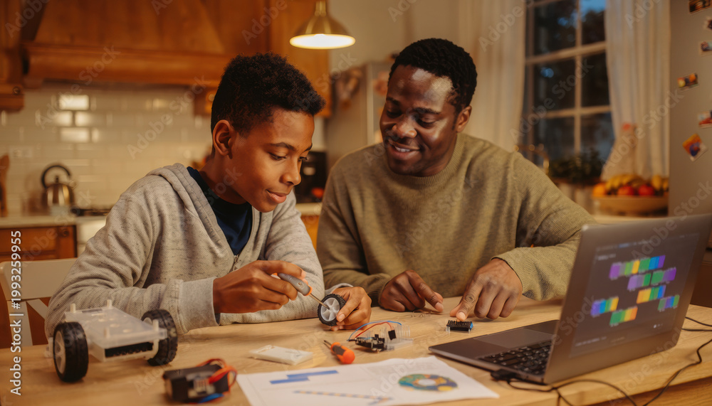 Fototapeta premium Learning robotics can be fun and engaging experience for young coder and supportive parent at kitchen table