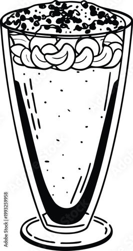 Milkshake, creamy dessert drink, black and white illustration, vector graphic