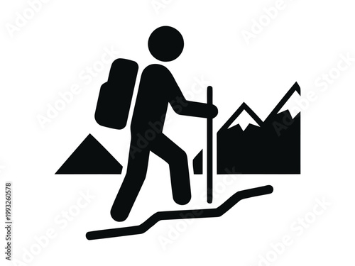 Vector illustration of a silhouette Hiker walks uphill with stick and pack.