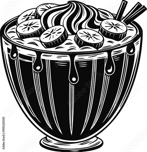 Black and white vector bowl of oatmeal with sliced bananas and chopsticks, breakfast food illustration