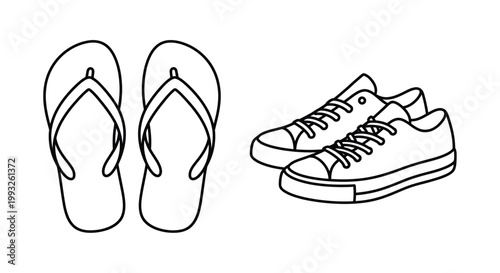 Line drawing of flip flops and sneakers representing footwear choices