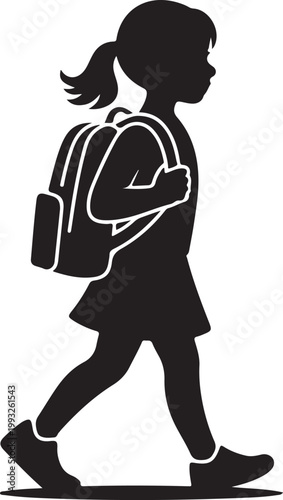 Silhouette of a young girl walking forward with a school bag, symbolizing courage and progress