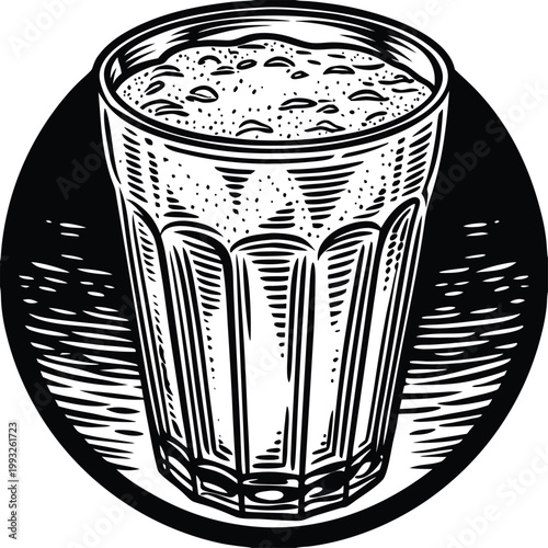 Frothy drink glass, foamy beverage illustration, soda cup, black and white vector