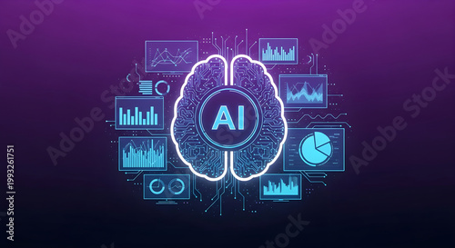 Artificial intelligence brain concept with data analytics charts and circuit board patterns on a purple background