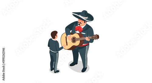 Mariachi musician serenading a child with a beautiful acoustic guitar.