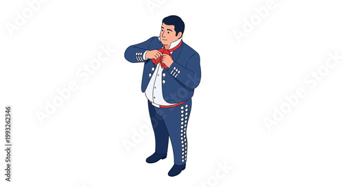 Mexican Charro in Traditional Attire Adjusting His Bow Tie.