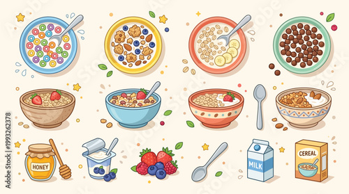 A vibrant collection of breakfast cereals, fruits, yogurt, honey, and milk, presented in a charming, illustrative style.