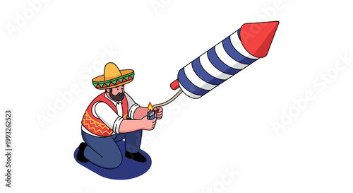 Mexican Man Igniting a Large Firework Rocket for Celebration.