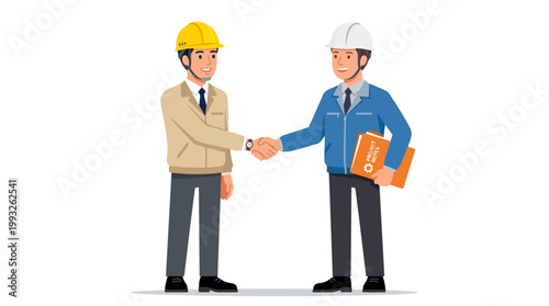 Two professionals shake hands on a construction project, signaling partnership, agreement, and safe teamwork in a collaborative industry setting.
