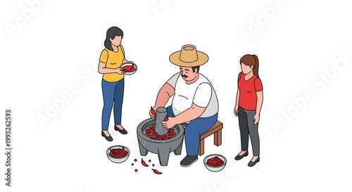 Mexican man grinding spices with assistance from two women.