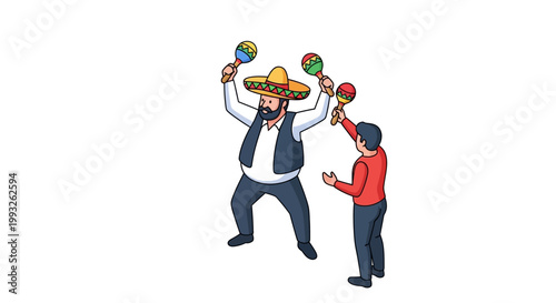 Mexican man in sombrero juggling colorful maracas with assistant.
