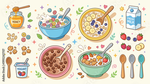 A vibrant and colorful illustration showcasing a variety of breakfast cereals, fruits, yogurt, and milk, perfect for a healthy start to the day.