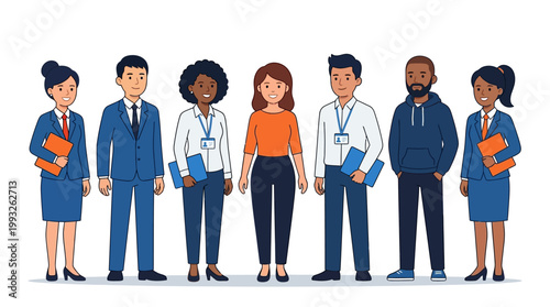 Diverse group of professionals in business attire standing together, showcasing teamwork, collaboration, and an inclusive workplace culture.