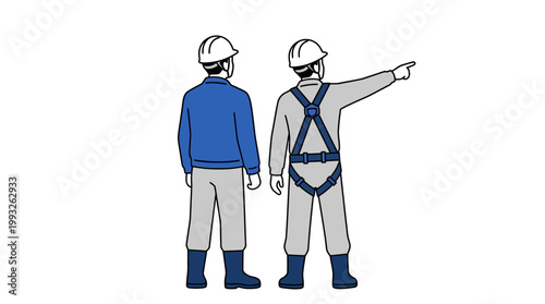 Two construction workers wearing hard hats and safety harnesses on a job site with blue uniforms